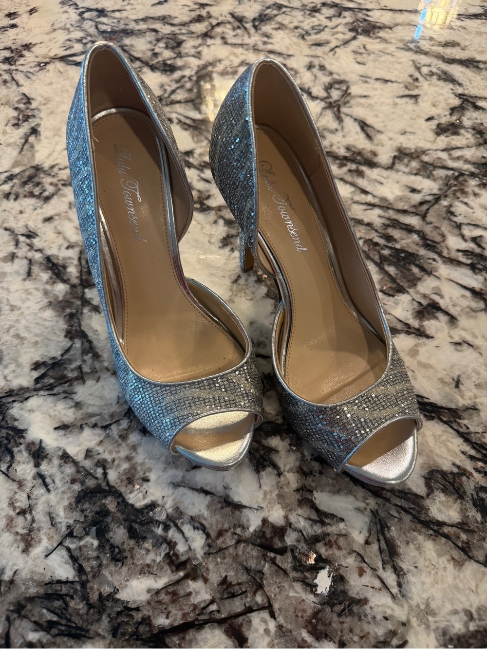 Lulu Townsend Silver Glitter Peep-Toe Heels
